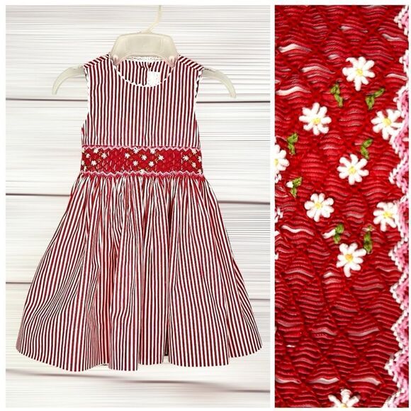 Creation Imaho Smocked Dress Red White Striped Cotton Summer Sleeveless 2 Years - Picture 1 of 13